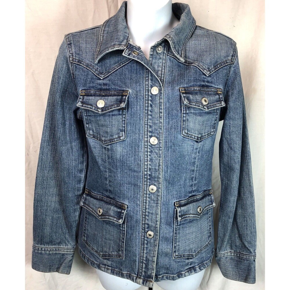 Gap Blue Jean Jacket S Snap Front Pockets Stretch Denim Grunge Trucker Western